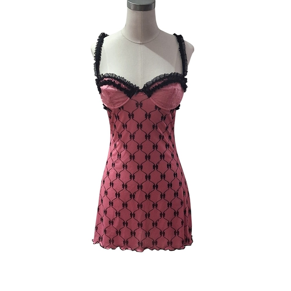 I.AM.GIA Slip Dress Lingerie Womens Medium Pink Black Bow Print Lace Tri